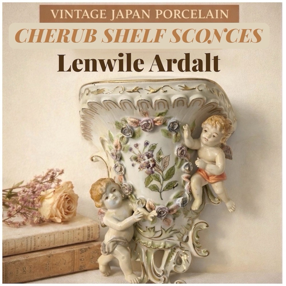 Vintage Lenwile Ardalt Cherub Wall Shelf Floral Gold Gilt Porcelain Sconce 6962